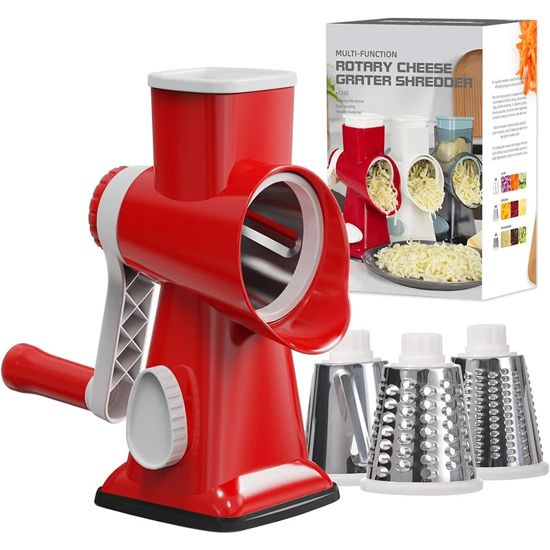 Versatile 3-in-1 Rotary Cheese Grater & Vegetable Slicer - Manual Nut Grinder & Shredder JT242