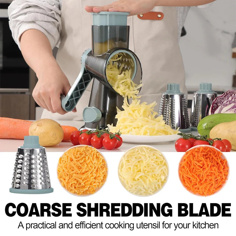 Versatile 3-in-1 Rotary Cheese Grater & Vegetable Slicer - Manual Nut Grinder & Shredder JT242