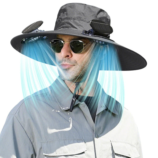 Ultimate Outdoor Sun Hat with Dual Solar Fans - UPF 50+ Wide Brim Fishing & Camping Bucket Hat for Men & Women