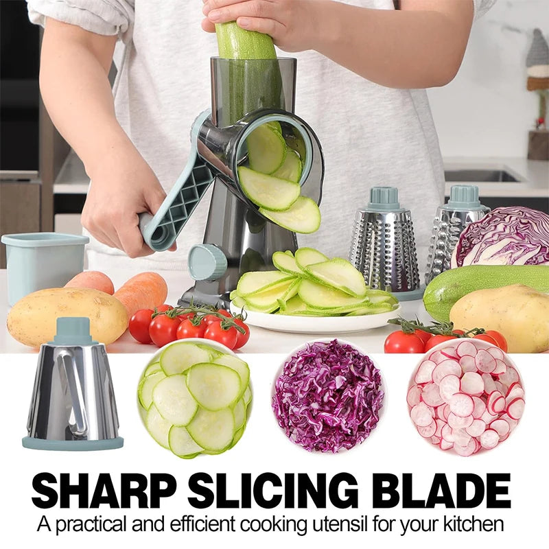 Versatile 3-in-1 Rotary Cheese Grater & Vegetable Slicer - Manual Nut Grinder & Shredder JT242