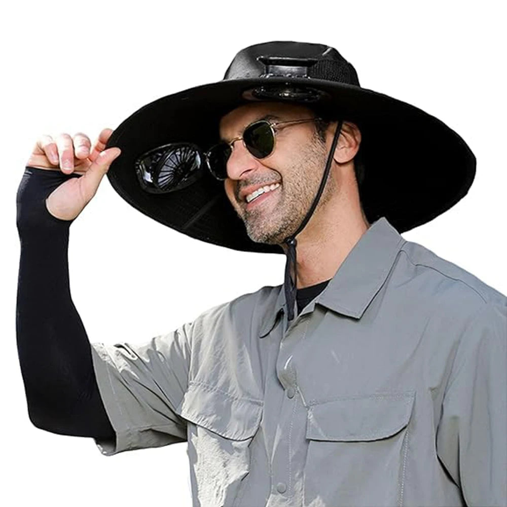 Ultimate Outdoor Sun Hat with Dual Solar Fans - UPF 50+ Wide Brim Fishing & Camping Bucket Hat for Men & Women