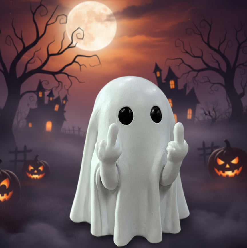 Adorable Middle Finger Ghost Statue - Spooky Cute Figurine for Halloween Decor, Perfect Coffee Table Centerpiece!