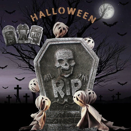 Spooky Foam Skeleton Tombstone with Bat - Perfect Halloween Graveyard Decoration Prop!