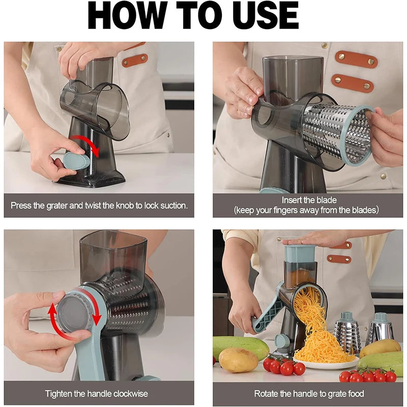 Versatile 3-in-1 Rotary Cheese Grater & Vegetable Slicer - Manual Nut Grinder & Shredder JT242
