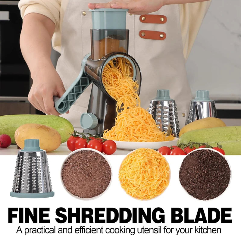 Versatile 3-in-1 Rotary Cheese Grater & Vegetable Slicer - Manual Nut Grinder & Shredder JT242