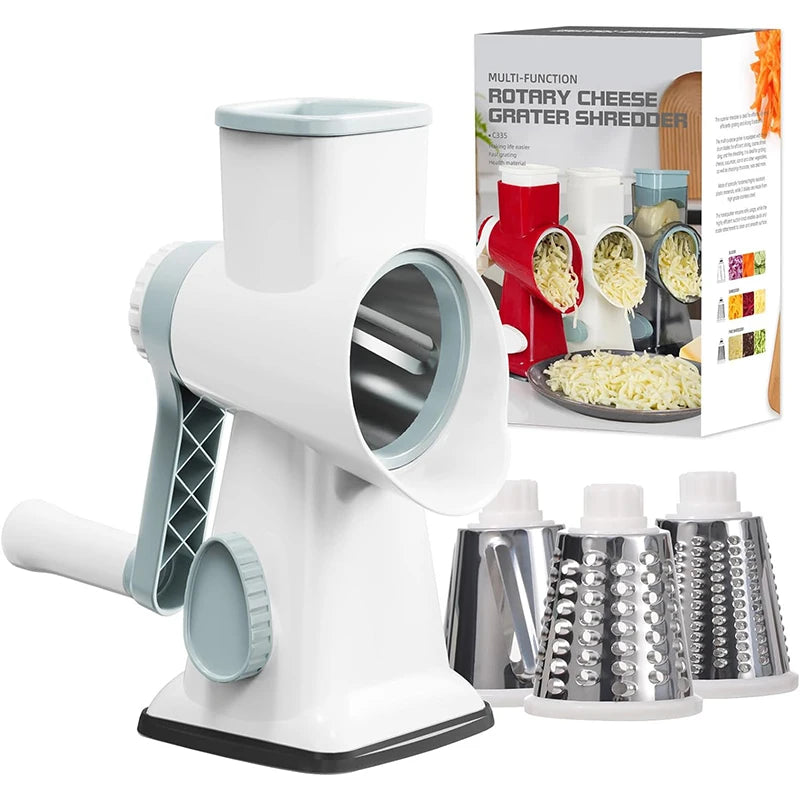 Versatile 3-in-1 Rotary Cheese Grater & Vegetable Slicer - Manual Nut Grinder & Shredder JT242