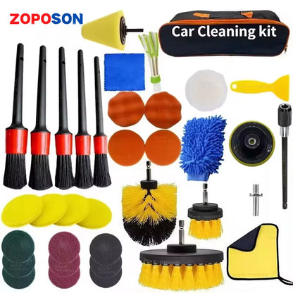 ZOPOSON Ultimate Car Cleaning Kit - Drill Detailing Brush Set with Towel & Polisher for Perfect Auto Detailing
