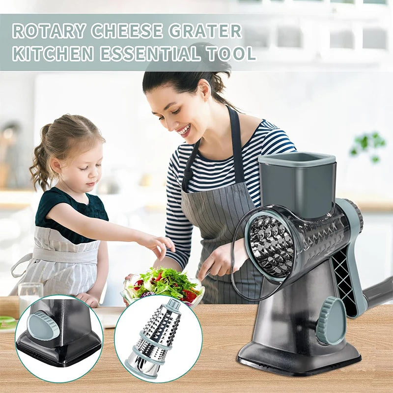 Versatile 3-in-1 Rotary Cheese Grater & Vegetable Slicer - Manual Nut Grinder & Shredder JT242