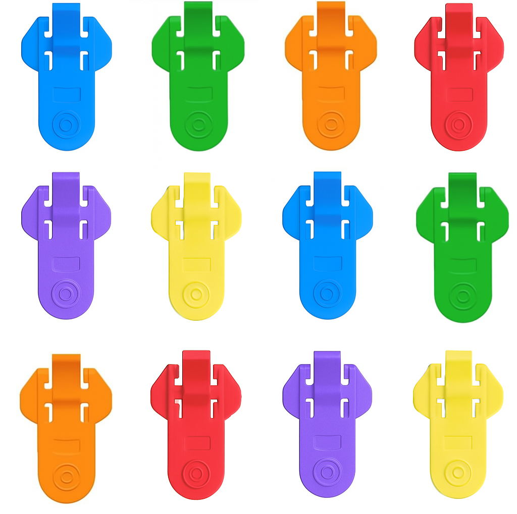 Set of colorful plastic clips arranged in a grid on a white background